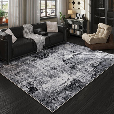 Area Rug 5X7 Washable Rug Boho Soft Abstract Pattern Non-Slip Faux Wool Vintage For Living Room, Bedroom, Farmhouse, Dining Room,  Playroom, Grey And Black