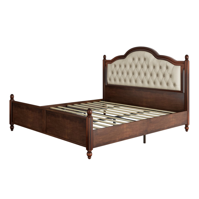 Solid Wood Bed Frame With Linen Upholstered Headboard, Wood Platform Bed With Wood Slats, No Box Spring Needed, Easy Assembly, Walnut