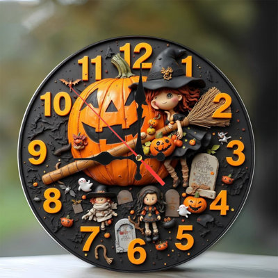 Witch flying broom near jackolantern clock