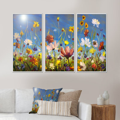 «Daisies and Wildflowers In Summer Garden Field II», ensemble d'art mural sur toile encadré traditionnel de 3