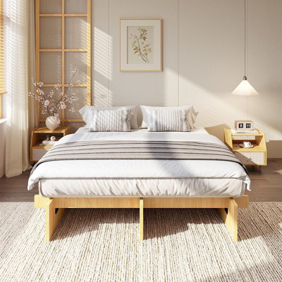 Queen Size Solid Wood Low Profile Platform Bed Frame, No Headboard, No Box Spring Required, Noise-Free Mortise & Tenon Bed Frame, Natural Wood Color