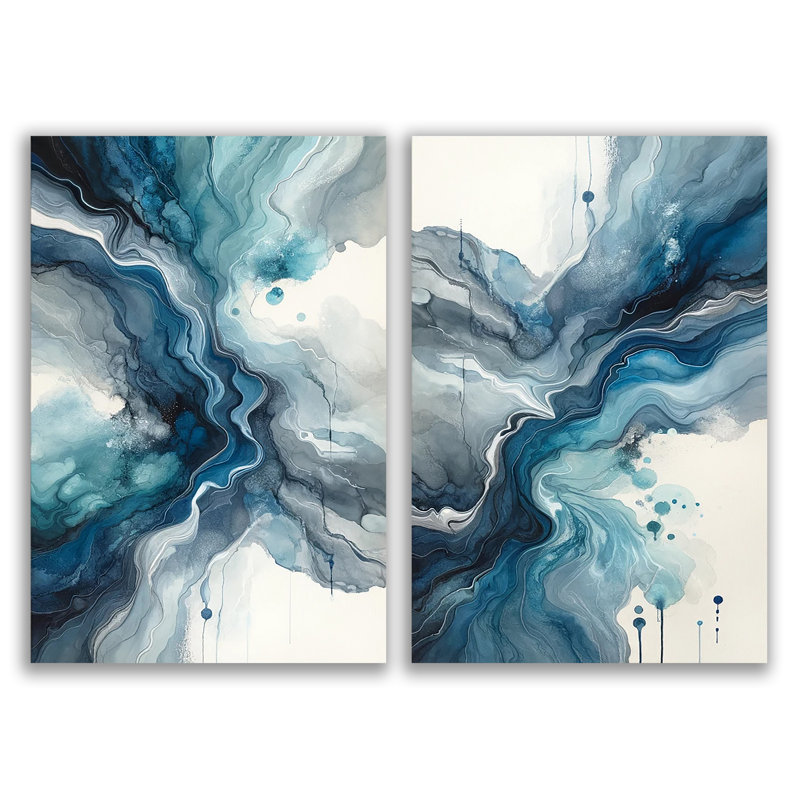 «Rhythmic Tides: Diptych Abstract Sea Wave», ensemble d'art sur toile tendue, H 24 po x l 32 po