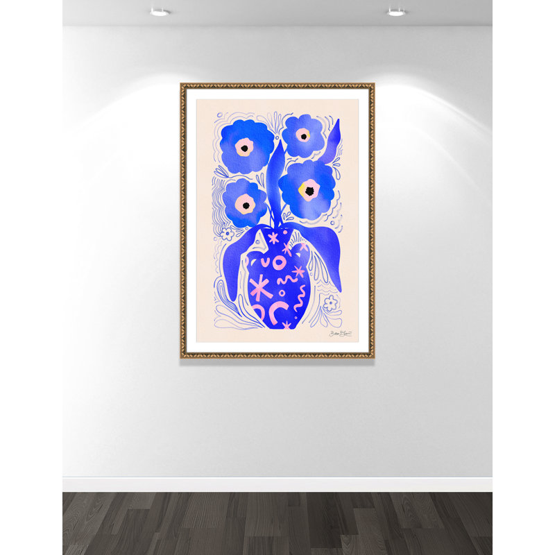 «Blue Flowers Matisse» par Bloom, L 38,5 po x H 54,5 po, Imprimé mat, Perles de feuilles dorées