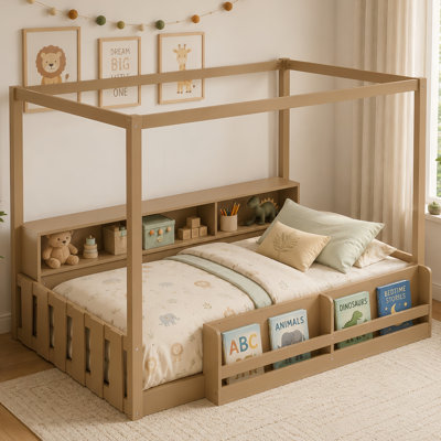 Lit au sol Montessori une place avec barrière et garde-corps, cadre de lit enfant avec bibliothèque et étagères de rangement intégrées, lit à baldaquin en bois à lattes pour garçons et filles, brun foncé