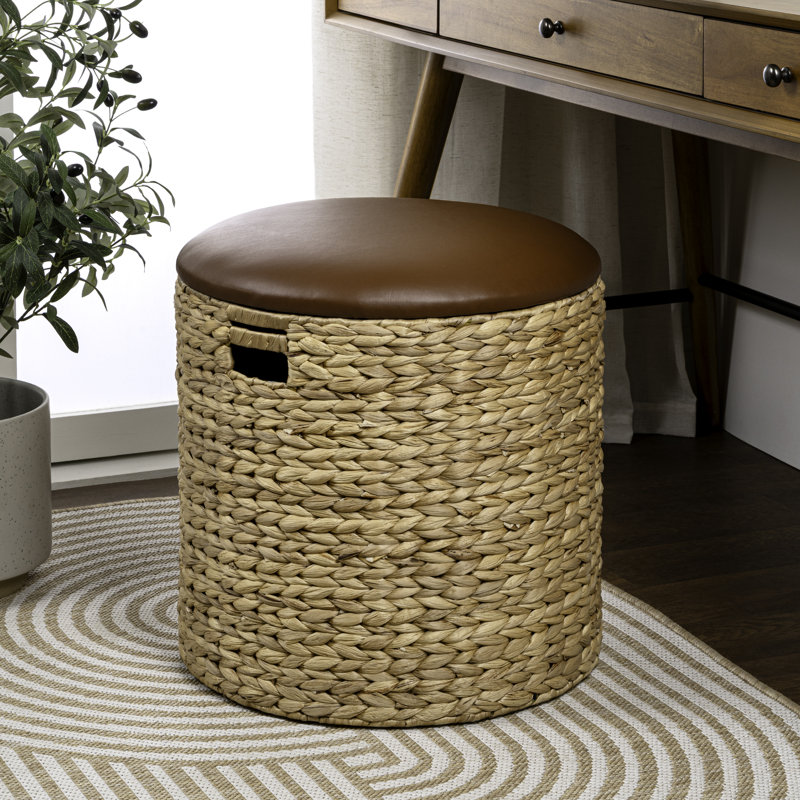 Josie 18" Modern Coastal Hand-Woven Hyacinth Storage Ottoman with Lid, Brown