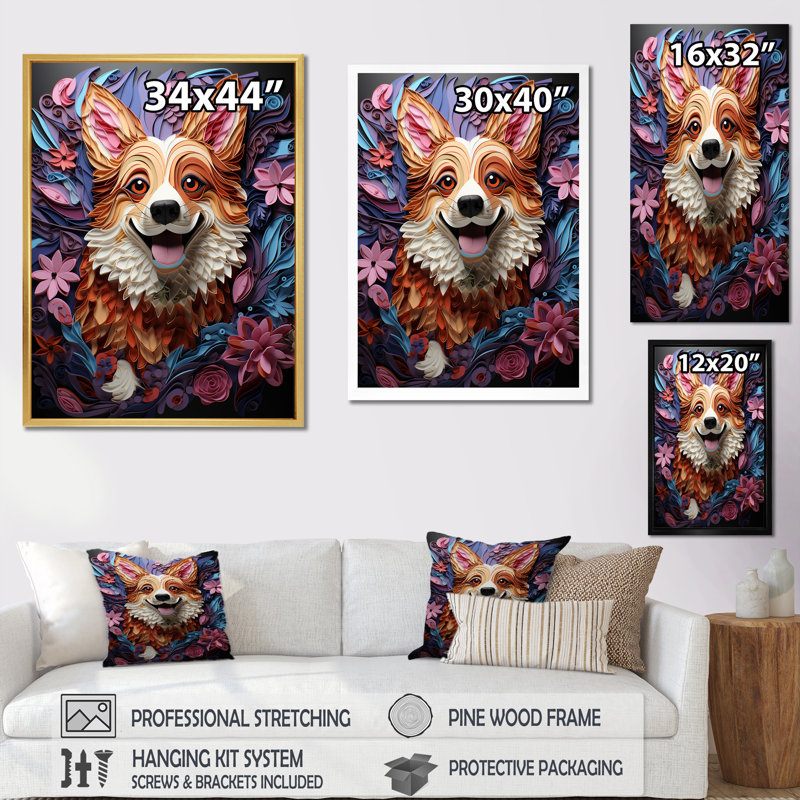 Corgi Charm - chien, art mural sur toile, Cadre photo noir, H 40 po x l 30 po x P 1,5 po