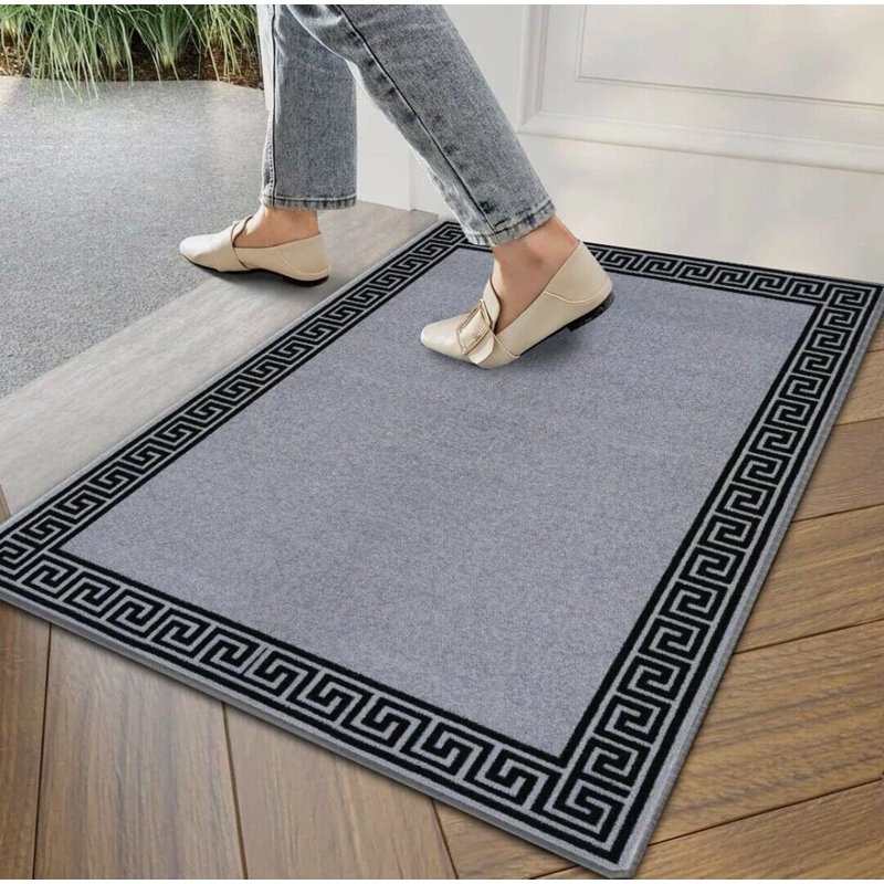 Plain Rug with Greek key Bordered Gel backed Rug Allissia Grey/Black Rug, Rectangle 66 x 120cm