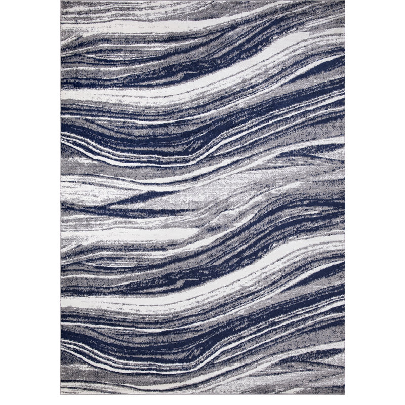 Peterstown Marble Stripes Power Loomed Performance Navy Rug, Rectangle 5'3" x 7'3"