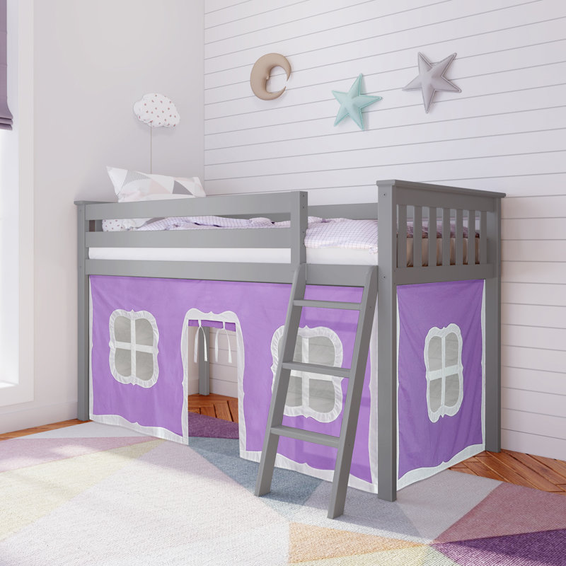 Lit mezzanine simple en bois massif avec rideau Ethridge Kids, Argile, Mauve