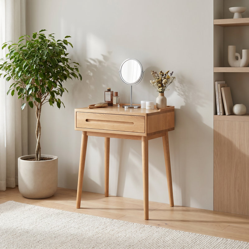 Lumi 23.6"W Compact Modern Small Oak Makeup Vanity With Storage Drawer, No