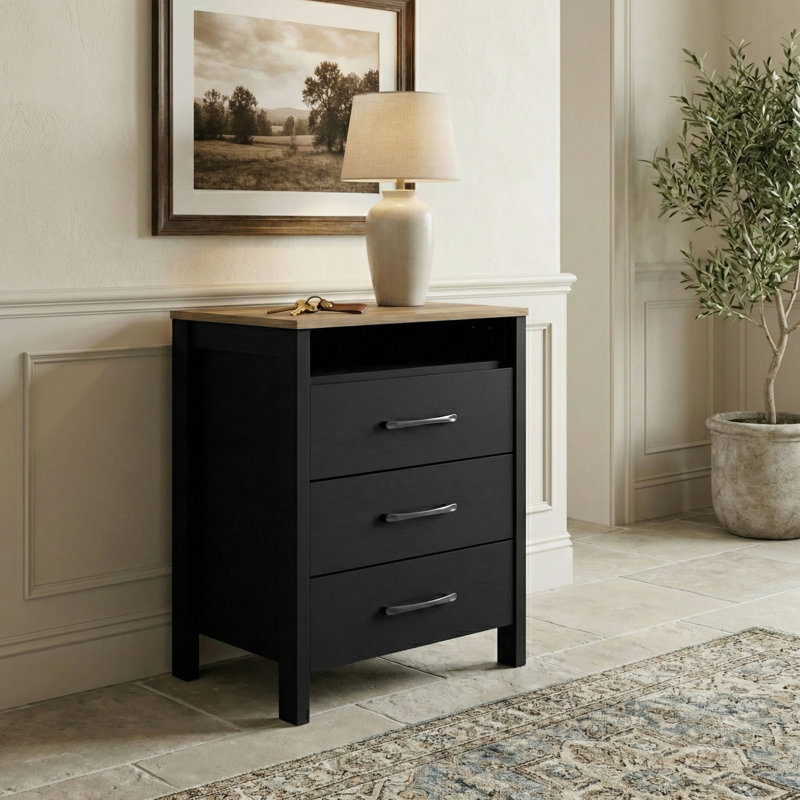 Allysyn 26.1" 3 Drawer Nightstand, Black/Knotty Oak