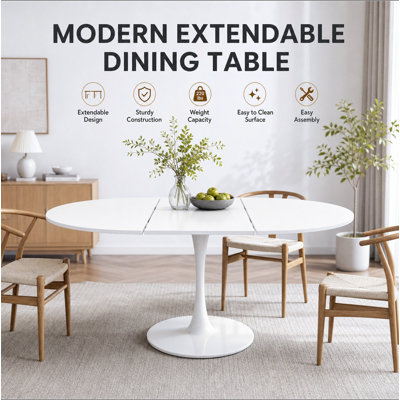 Table de salle à manger ronde extensible de 147 cm (57,87 po) pour 4 à 6 personnes, table moderne, table tulipe, plateau en MDF et pied en métal, table ovale moderne, table basse de style milieu du siècle pour salon, petits espaces, café