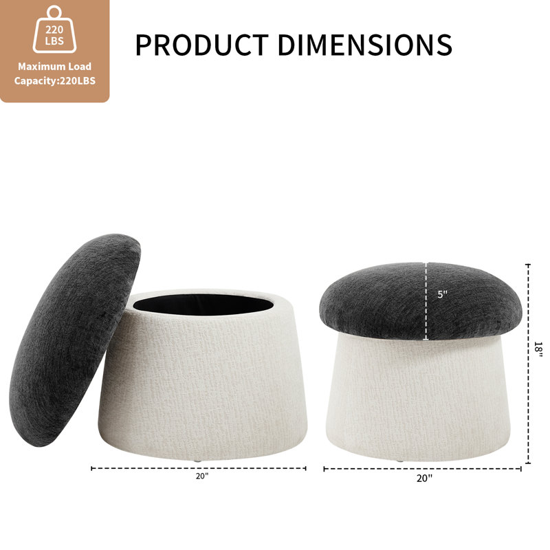 20" Upholstered Chenille Ottoman with Storage, Black