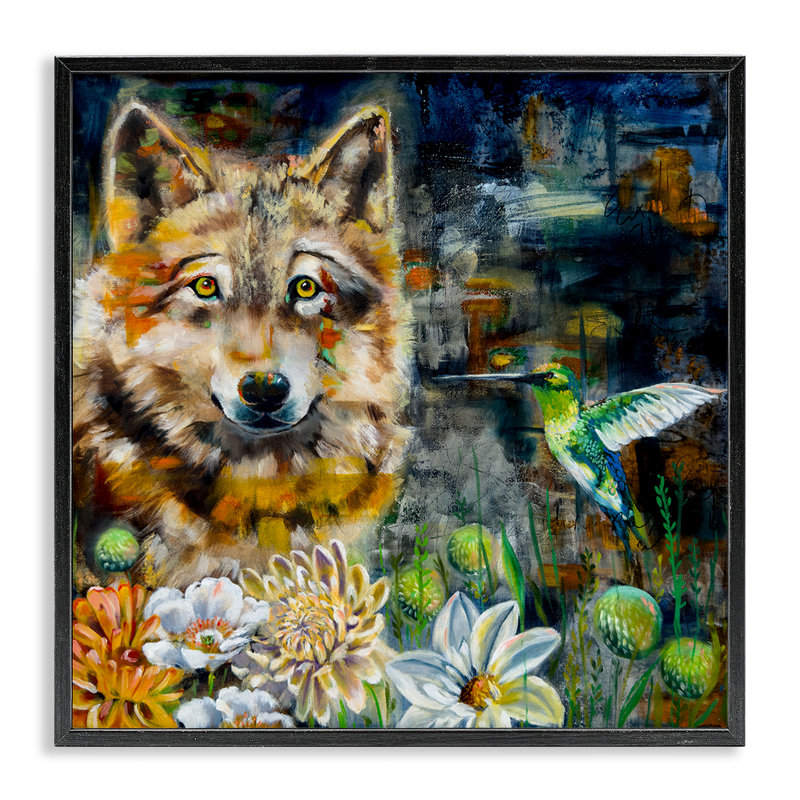 Magnifique loup et colibri, estampe numérique par Linda McClure, H 12 po x l 12 po, Giclée encadrée noir minuit