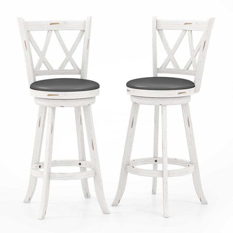 White and Gray Wood Swivel Bar Stools with Upholstered Seat