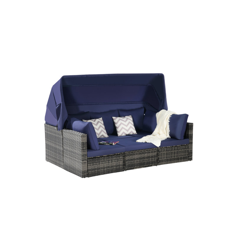 Outdoor Patio Daybed Furniture  5 Pieces . Retractable Canopy And Side Table Included. On Steel. Generous Washable Seat Cushions. Breathable Fabric. Smooth Curved Back For Easy Mobility. Gray , Dark