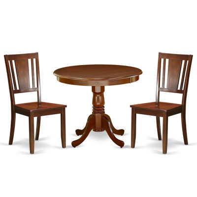 3 Piece Dining Set Contains a Round Dining Room Table with Pedestal and 2 Kitchen Chairs, Mahogany