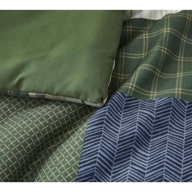 Cedar Printed Plaid Patchwork Microfiber Comforter Set, Queen Comforter + 2 Standard Shams, Green/Blue/White/Tan Patchwork