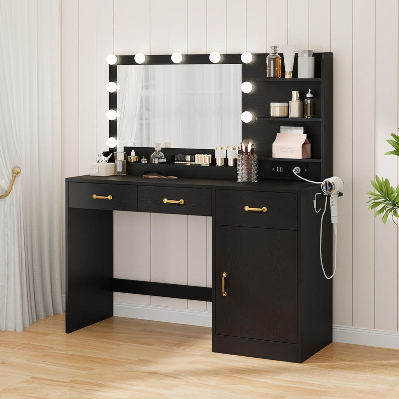 Meuble-lavabo à DEL avec miroir, 11 ampoules et prise de courant, 3 tiroirs et tablettes de rangement, table de maquillage moderne pour la chambre à coucher