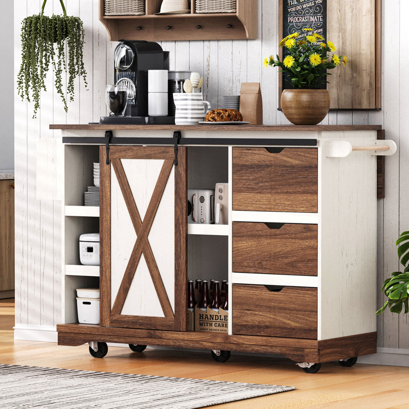 Farmhouse Kitchen Island With Drop Leaf, Storage Island With Barn Door, Power Outlet, Rolling Kitchen Cart With Spice Rack, White | Gift Idea