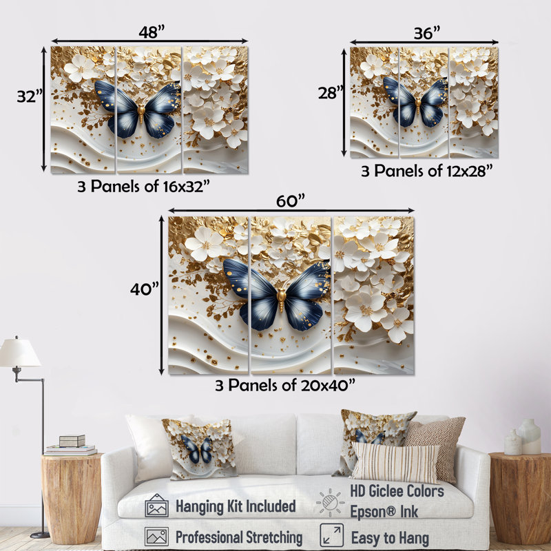 Ensemble de salon art mural papillon bleu sur une branche d'orchidée II, H 28 po x l 36 po x P 1 po, Toile tendue