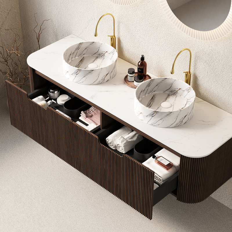 Meuble-lavabo de 60 po avec lavabos et rangement mural, 2 lavabos en céramique blanche à motif de pierre, noyer foncé, pré-assemblé, armoire en contreplaqué fiable