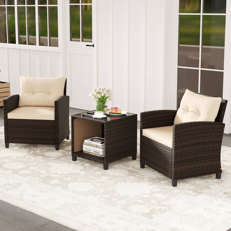3 PCS Patio Sofa Set with Cushions & Tempered Glass Tabletop for Backyard