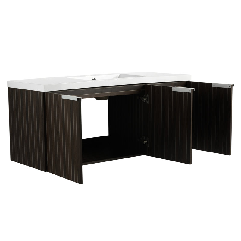 Armoire de salle de bain avec lavabo en résine, 48 po, mécanisme de fermeture en douceur, style moderne, lavabo à encastrer rayé contemporain, ornement
