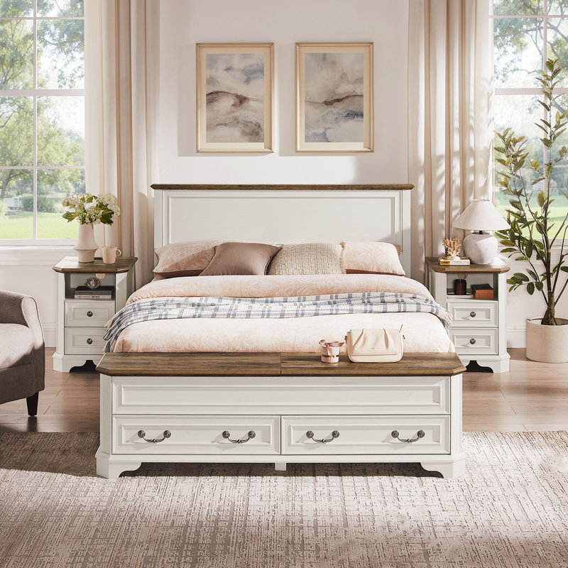 Farmhouse Queen Size Bed Frame with Footboard Storage Bench & 2 Safe Lift-Top Compartments, Queen, White