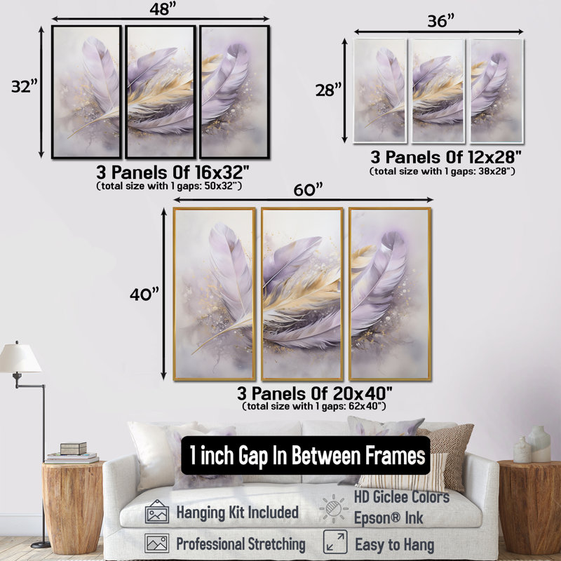 Tavery - Boho Feather Wall Art Set, Gold Floater Framed, 32" H x 48" W x 1" D