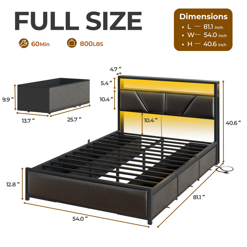 Full Bed Frame With 6 Underbed Drawers And Open Storage Headboard, Upholstered Platform Bed With Adjustable Led Light And Charging Station, No Box Spring Needed