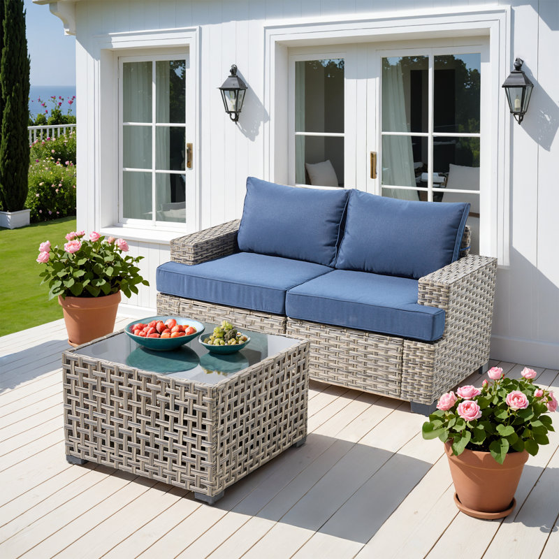 Wahkon 3 - Piece Outdoor Patio Sofa Wicker Modular Sectional Set With Lighted Coffee Table and Cushions, Gray
