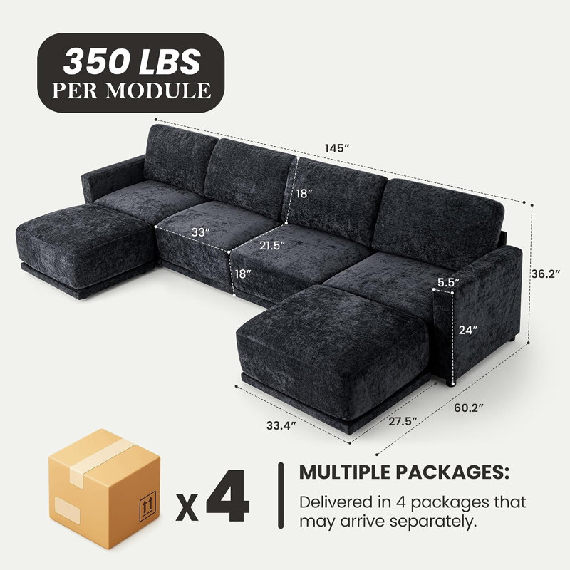 Canapé modulaire en U 145 po, 4 places avec 2 repose-pieds, noir, 4 places + 2 repose-pieds, Noir