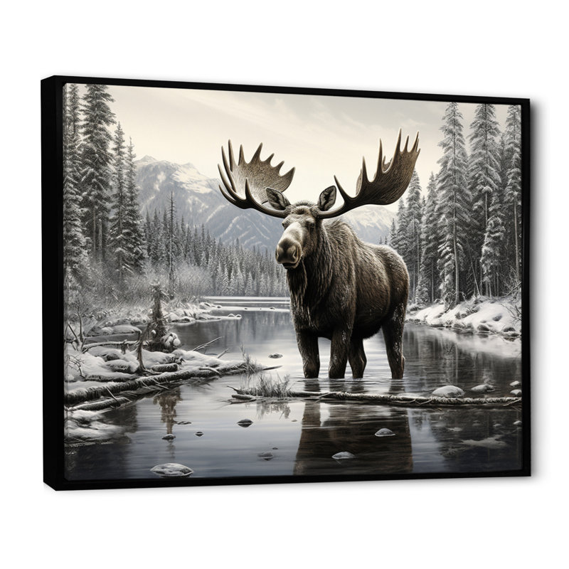 Orignal brun et blanc Winter Majesty - art mural orignal pour le salon, H 16 po x l 32 po, Reproduction avec cadre flottant