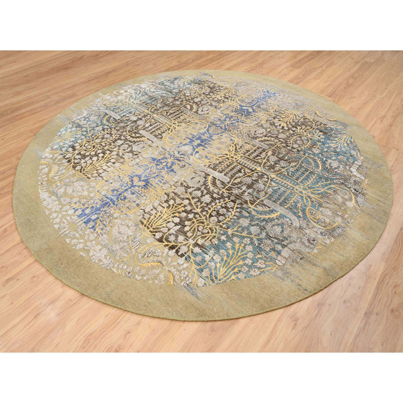 Tapis oriental rond en soie texturée noué à la main brun clair 10 po x 10 po brun clair et brun chocolat avec de la laine texturée de style A2A240A14067EE4064940F64189FA73458