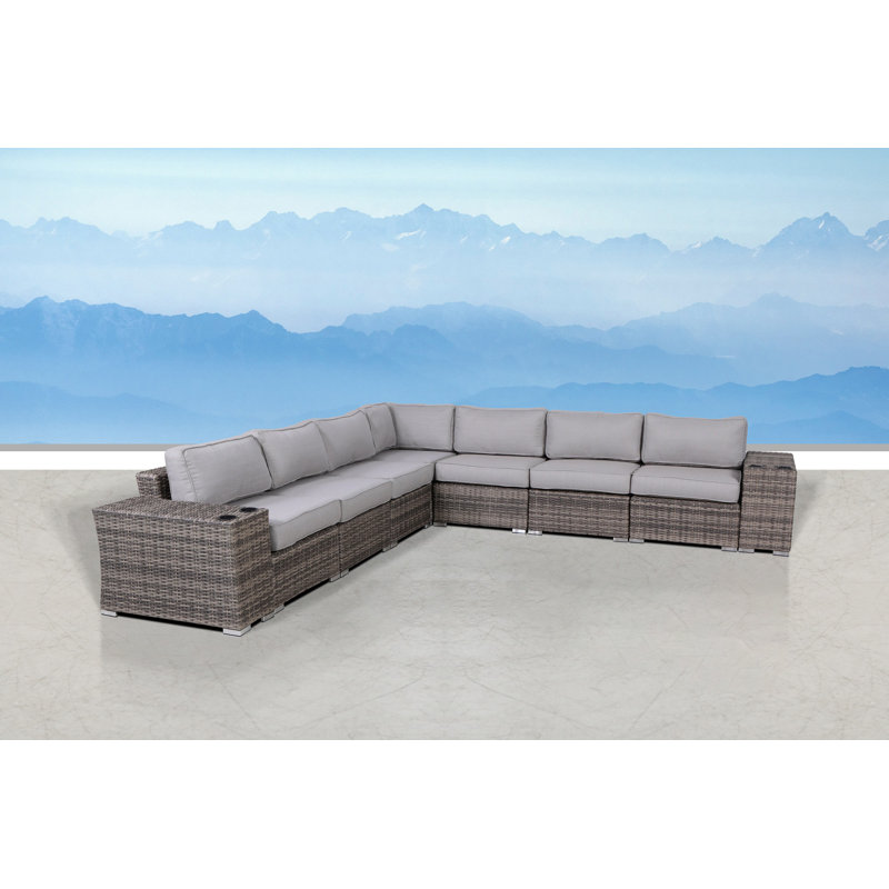 Ensemble de conversation pour 6 personnes avec coussins Biles Wicker, Mélange de gris