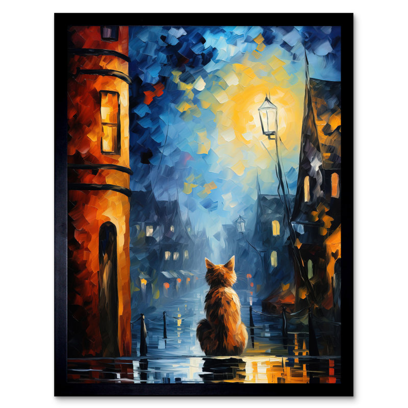 A Street Cat Named Desire Painting Ginger Cat Village Night 1 Piece Single Picture Frame Wall Art