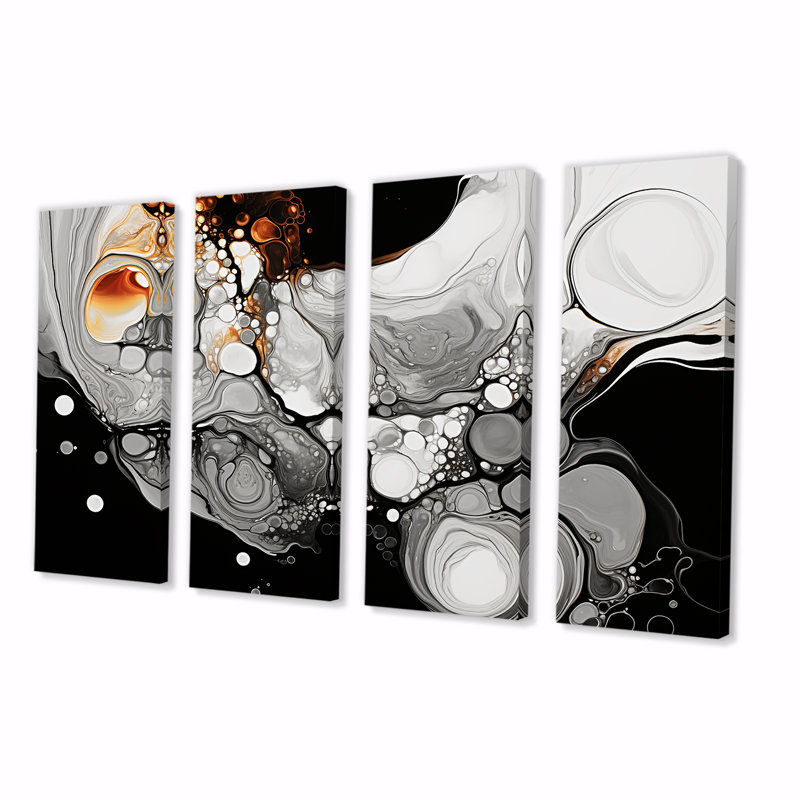 Encre liquide grise et noire Fusion II - art abstrait, ensemble de 4 décorations murales, H 28 po x l 48 po