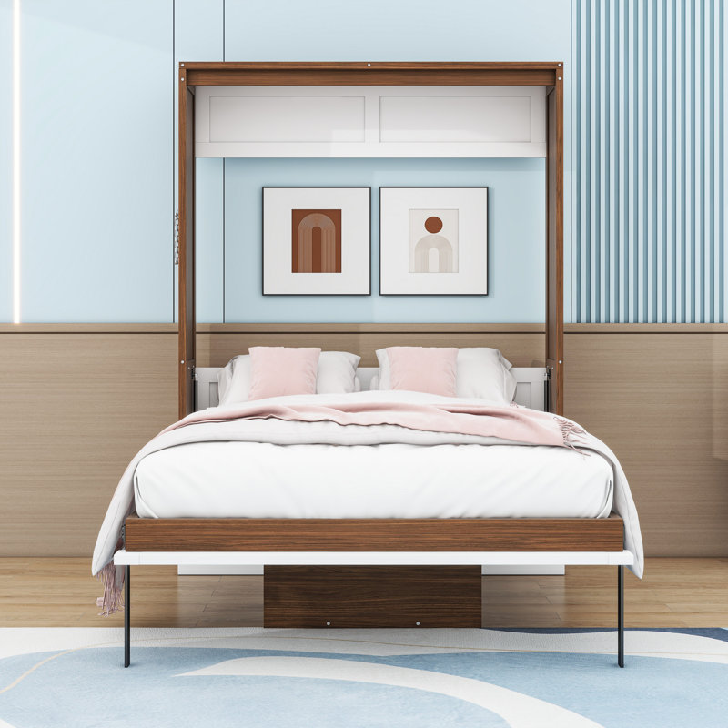 Full Wood Murphy Bed with Foldable Desk, Walnut/White
