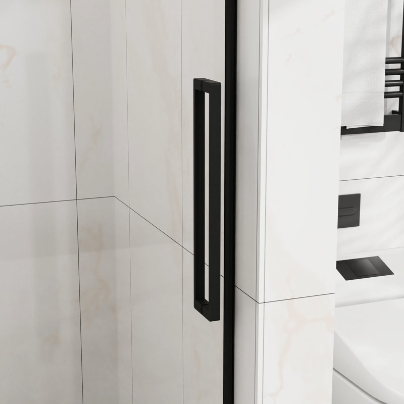 Porte coulissante en verre l 60 po x H 58 po, verre trempé transparent de 1/4 po de 6 mm d'épaisseur, cadre en acier inoxydable, coulissement doux, fonctionnement silencieux, technologie anti-éclaboussures, douche de baignoire noire matte de 6 mm avec