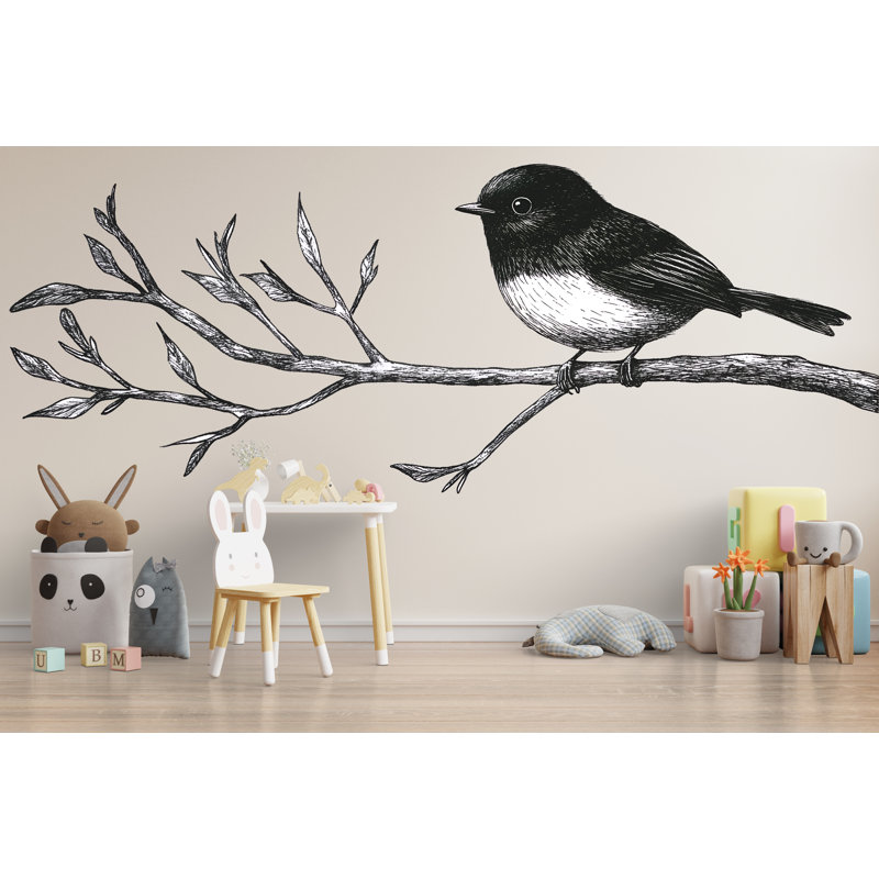 Adhésif décoratif oiseau sur branche, art mural grande ligne pour enfants, peinture murale scandinave amovible 110Mv