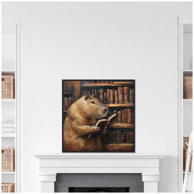 Colorful Traditional Capybara Reading in Library by The Creative Bunch Studio Framed Canvas Wall Art Print