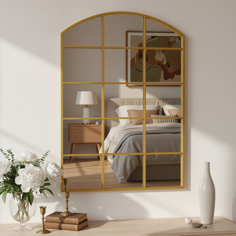 Miroir mural arqué quadrillé à angle droit, doré et noir, pour le salon, la chambre à coucher et le vestibule, Doré