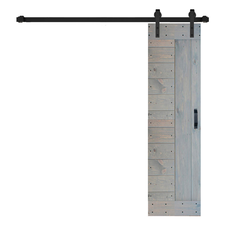 French Gray Paneled Solid Wood Sliding Barn Door Kit with Black Hardware