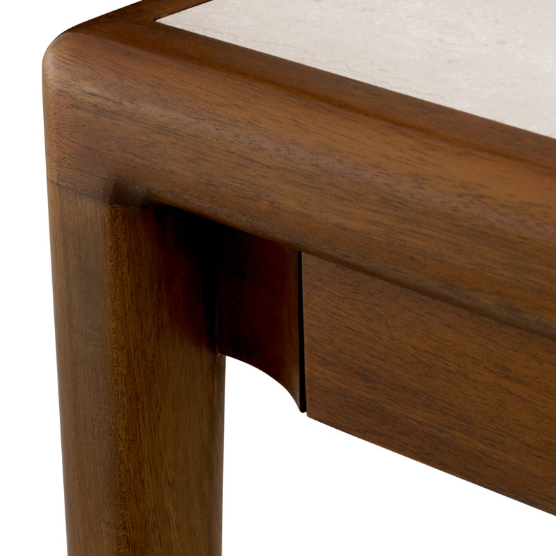 Side Table Hensley Square Mahogany Wood Caramel Finish Beige Marble
