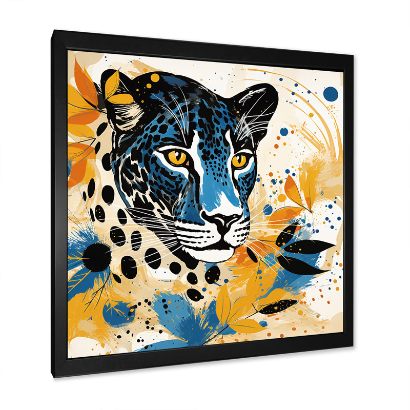 Jaune et bleu, léopard, collage IV - art mural léopard, Cadre simple noir, H 30 po x l 30 po x P 1,5 po