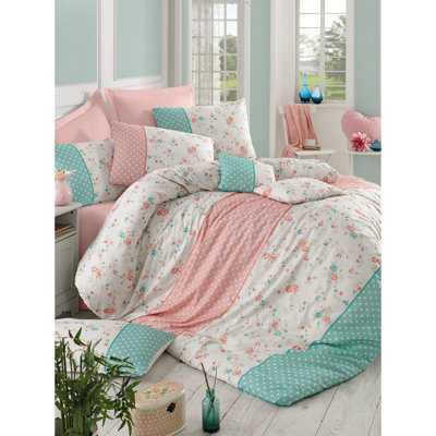 Ensemble de housse de couette 100% coton blanc / rose / turquoise Lanza
