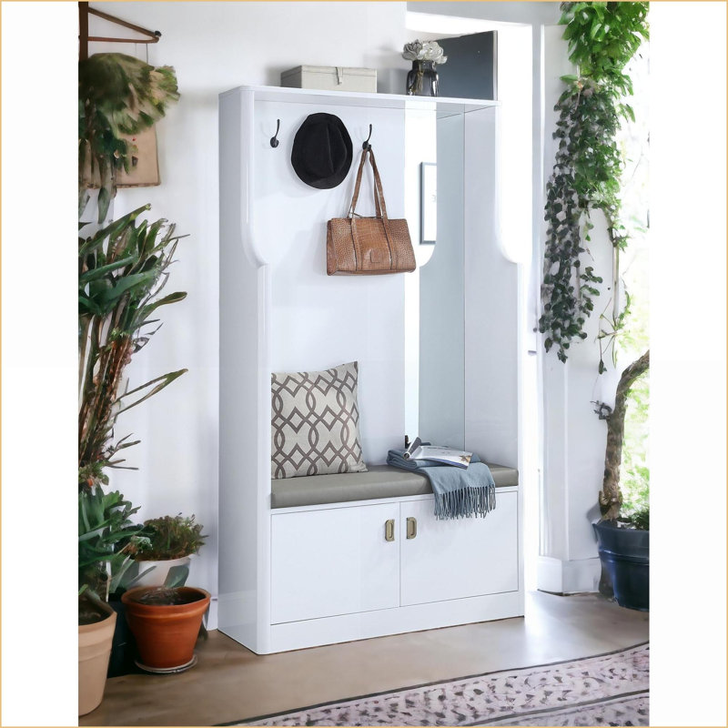 Portemanteaux contemporain blanc ultrabrillant | Rangement de miroir rembourré à 3 crochets | Blanc | Bois synthétique, rembourré