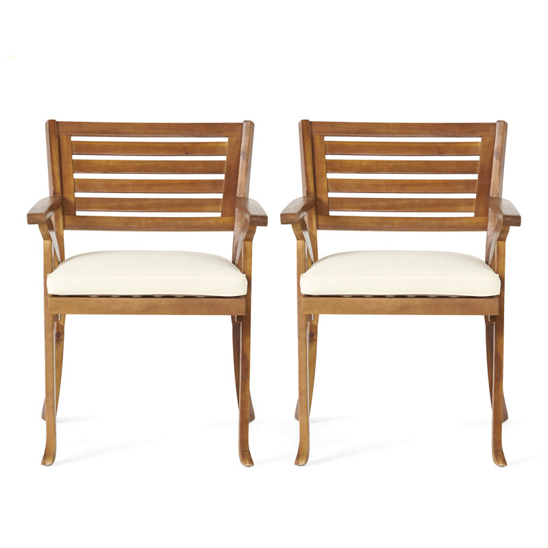 Chaise de salle à manger d'extérieur en bois Hermosa KD avec coussins (ensemble de 2), Crème, Teck