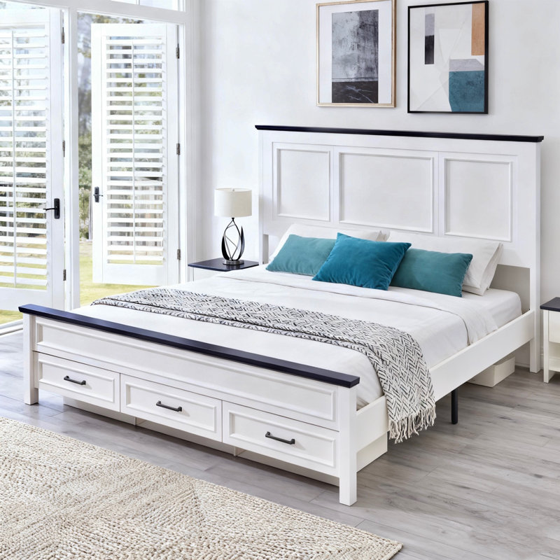 Farmhouse Platform Bed with 52" Tall Headboard, Wood King Bed Frame with Hidden Storage Drawers & 20" Tall Footboard, White